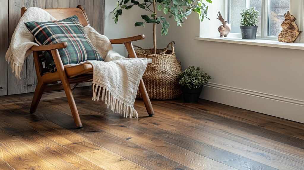 Wohnraum mit Holzdielen, Sessel und Pflanzen