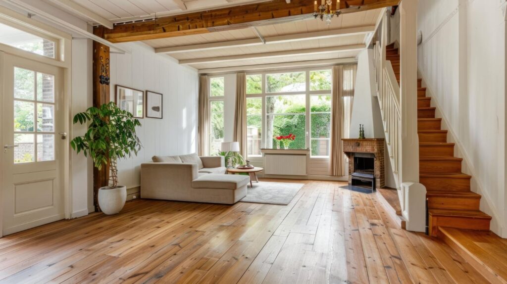 Wohnbereich mit Treppe und strapazierfähigem Boden in Holzoptik